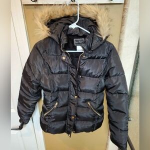 Girls Size 14 Black Puffer Jacket with Faux Fur Hood
